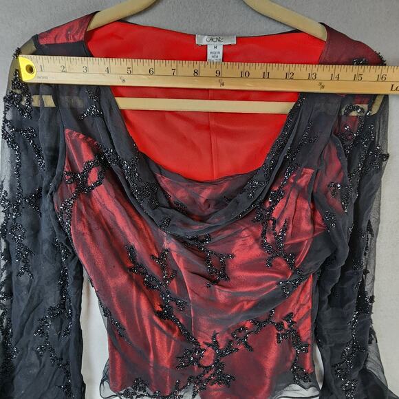 Caché 100% Silk Sheer Blouse Medium Beaded Bell Sleeves Red Black - Picture 3 of 12